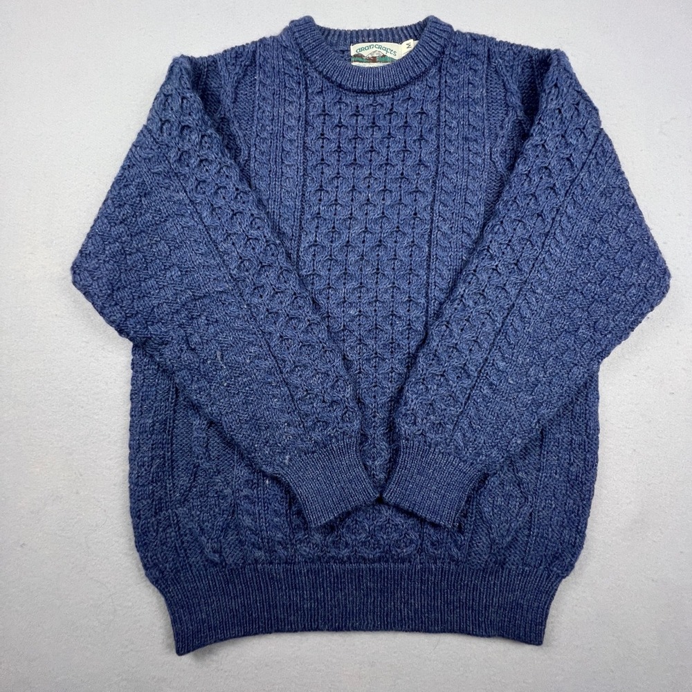Aran Crafts Cable Knit Sweater Mens Medium Blue 100% Wool Ireland Fisherman Boho